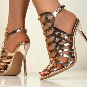 FSJ Women Metallic Cut Out Stiletto Heeled Gladiator Sandals Gold Size 7